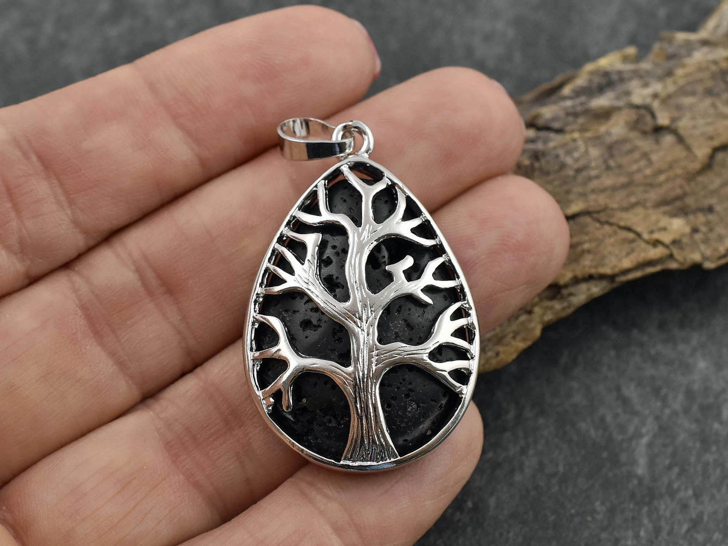 39x26x7mm Silver Plated Brass Black Lava Rock Tree of Life Pendant