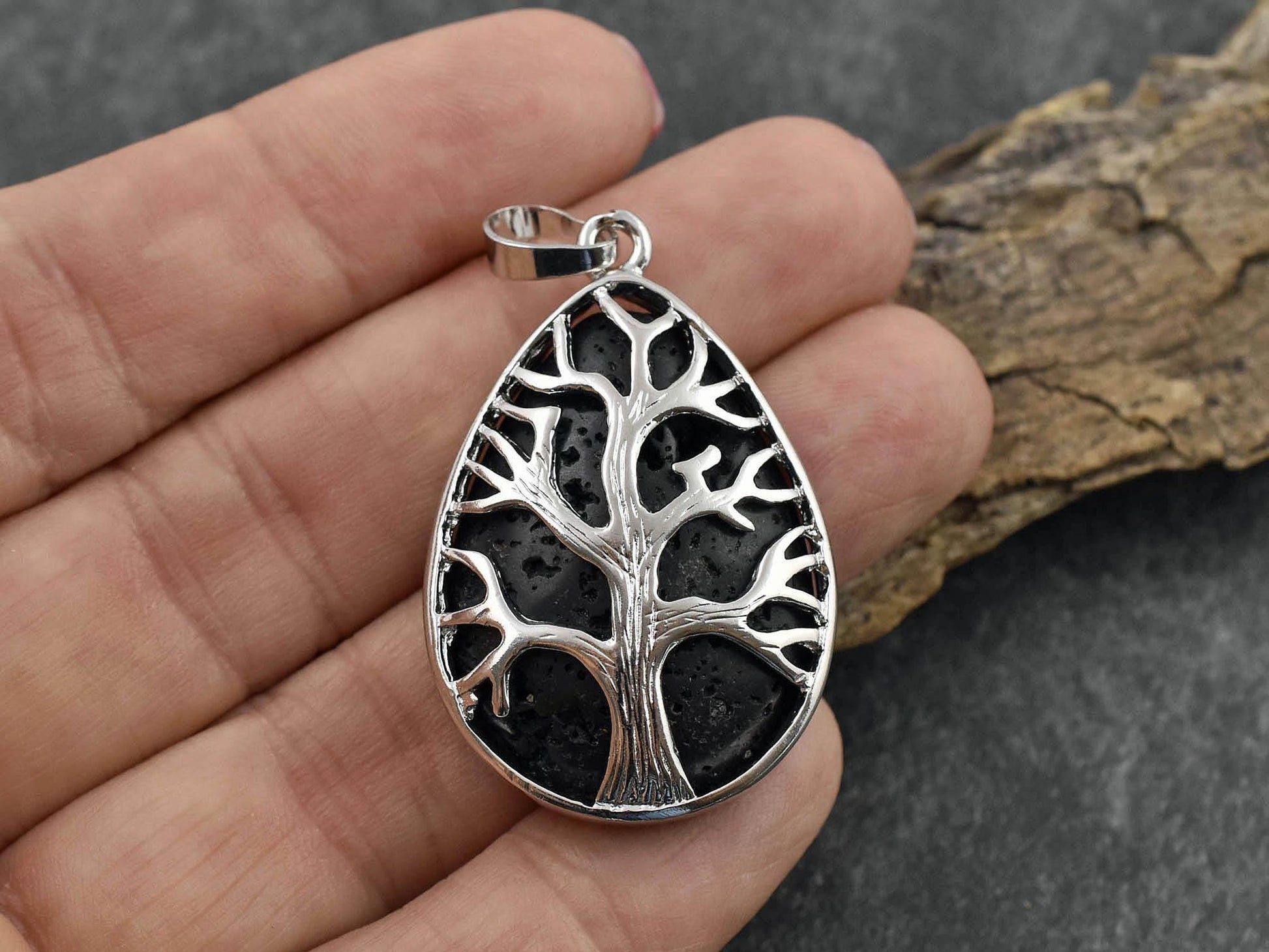 39x26x7mm Silver Plated Brass Black Lava Rock Tree of Life Pendant