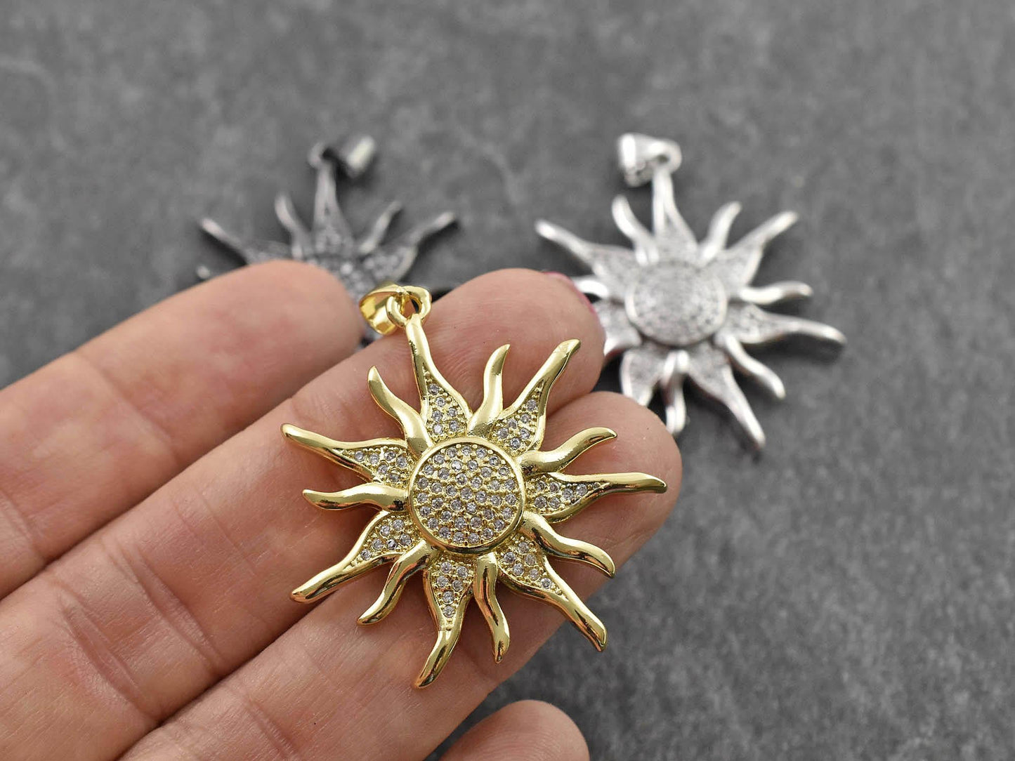 CZ Pendant - Rhinestone Pendant - Sunray Pendant - Metal Pendants - Micro Pave - 1pc - 36x34mm