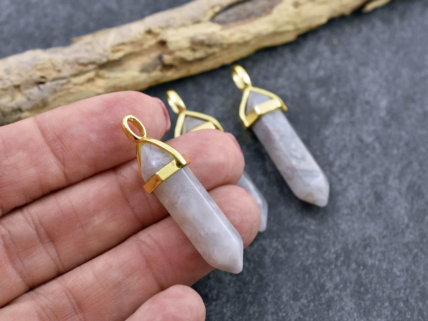 Gemstone Point Pendant - Hexagon Pendant - Agate Pendant - 40mm - (A20)