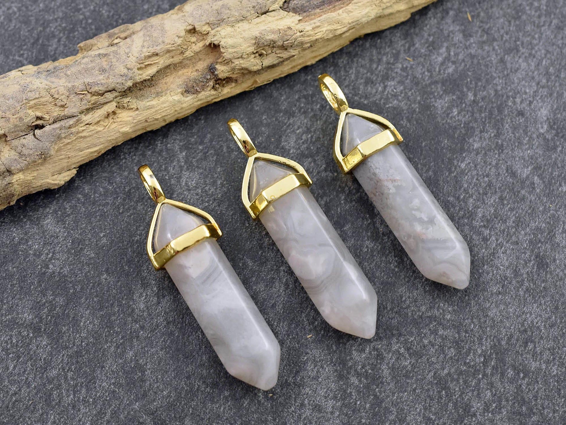 Gemstone Point Pendant - Hexagon Pendant - Agate Pendant - 40mm - (A20)