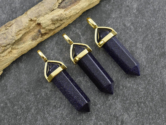 Gemstone Point Pendant - Hexagon Pendant - Blue Goldstone Pendant - 40mm - (1228)