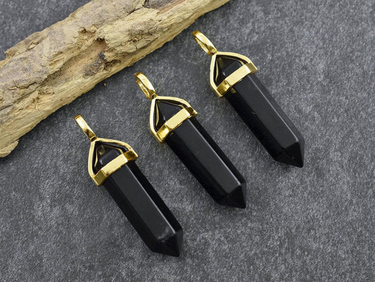 Gemstone Point Pendant - Hexagon Pendant - Obsidian Pendant - 40mm - (6073)