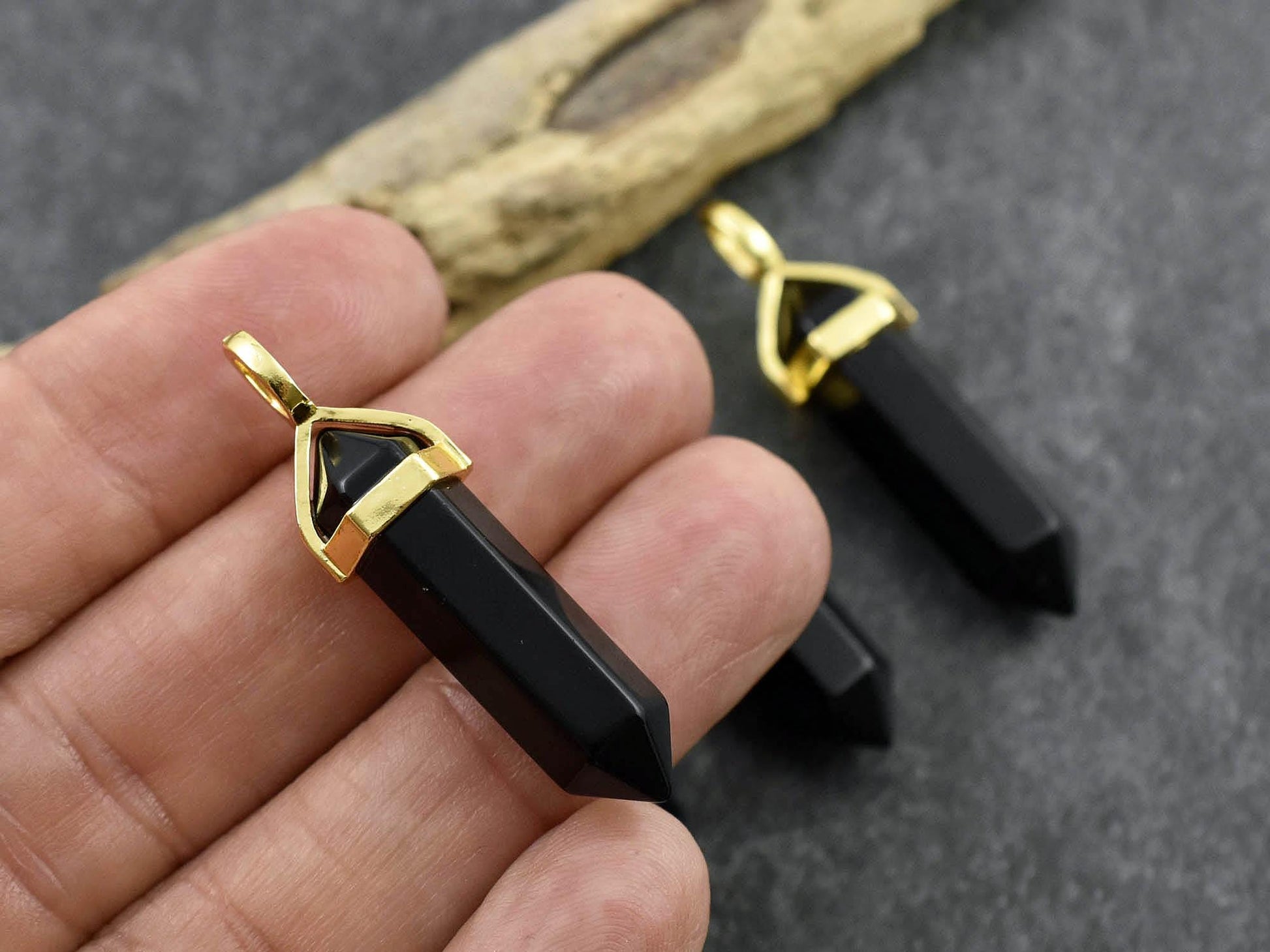 Gemstone Point Pendant - Hexagon Pendant - Obsidian Pendant - 40mm - (6073)