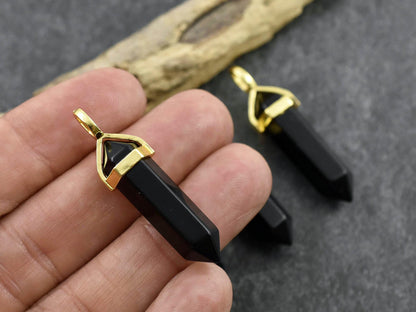 Gemstone Point Pendant - Hexagon Pendant - Obsidian Pendant - 40mm - (6073)