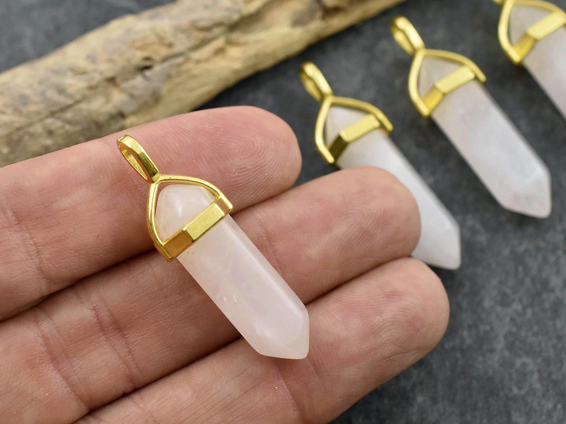 Rose Quartz Pendant - Gemstone Point Pendant - Hexagon Pendant - 40mm - (809)