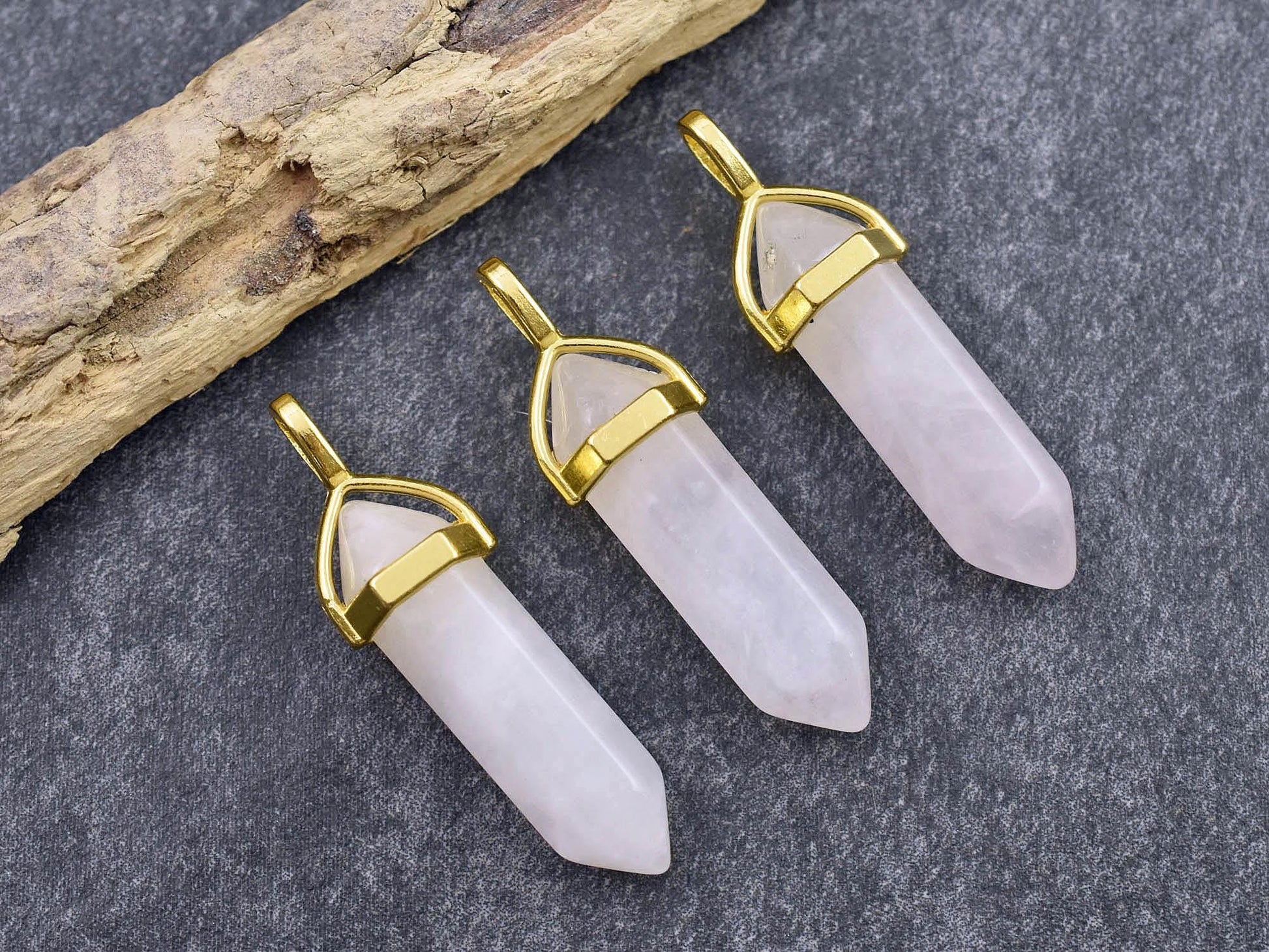 Rose Quartz Pendant - Gemstone Point Pendant - Hexagon Pendant - 40mm - (809)