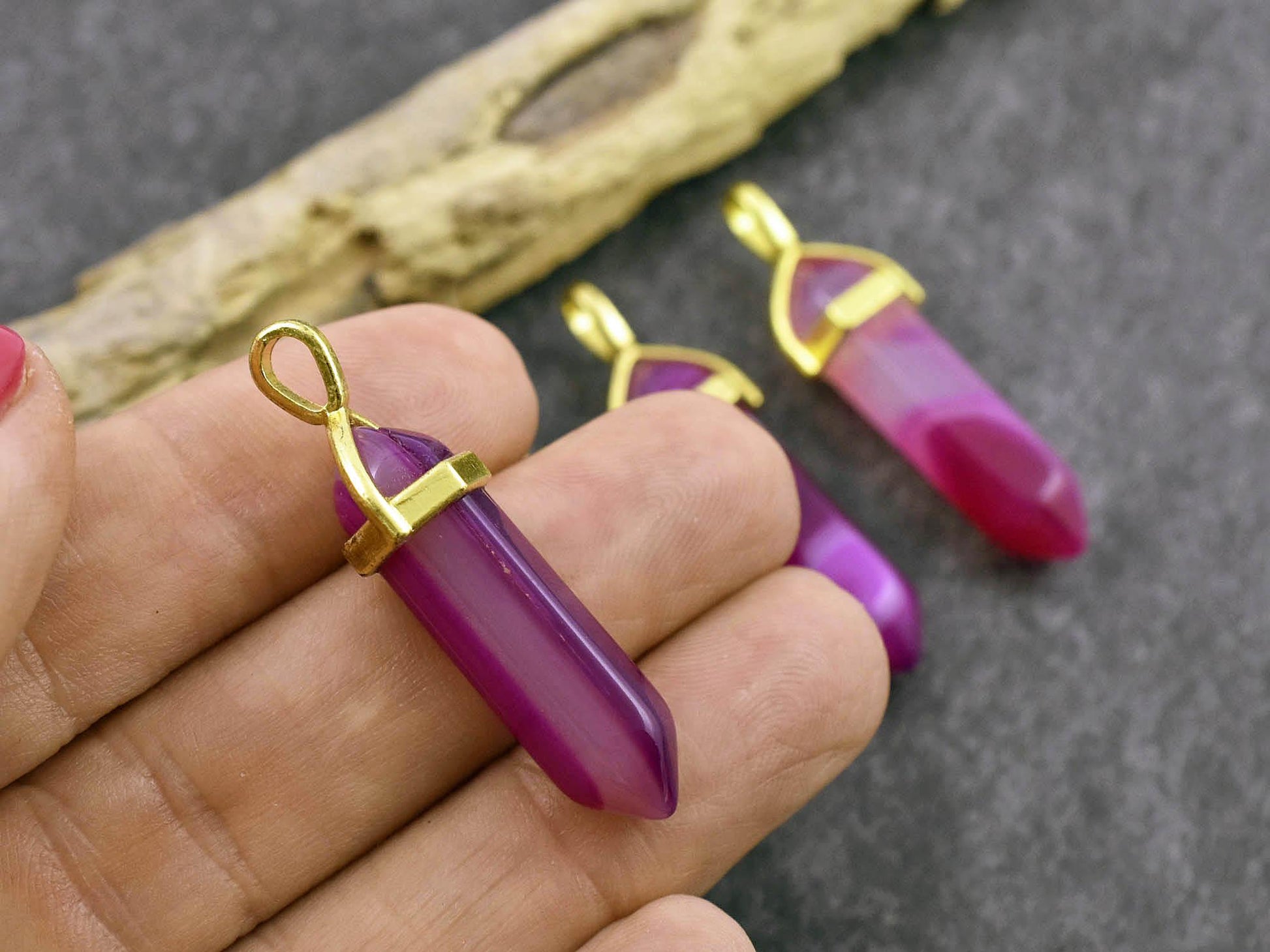 Banded Agate Pendant - Gemstone Point Pendant - Hexagon Pendant - 40mm - (2848)