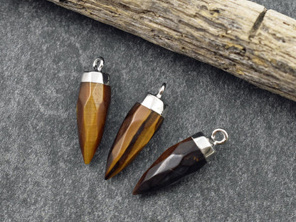 Tiger Eye Pendant - Gemstone Point Pendant - Gemstone Bullet Pendant - ~26-26mm - (A23)