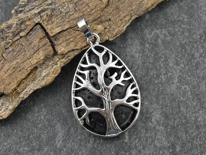 39x26x7mm Silver Plated Brass Black Lava Rock Tree of Life Pendant