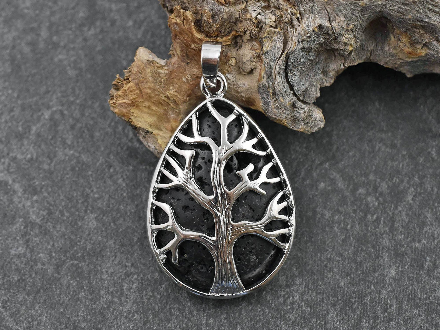 39x26x7mm Silver Plated Brass Black Lava Rock Tree of Life Pendant