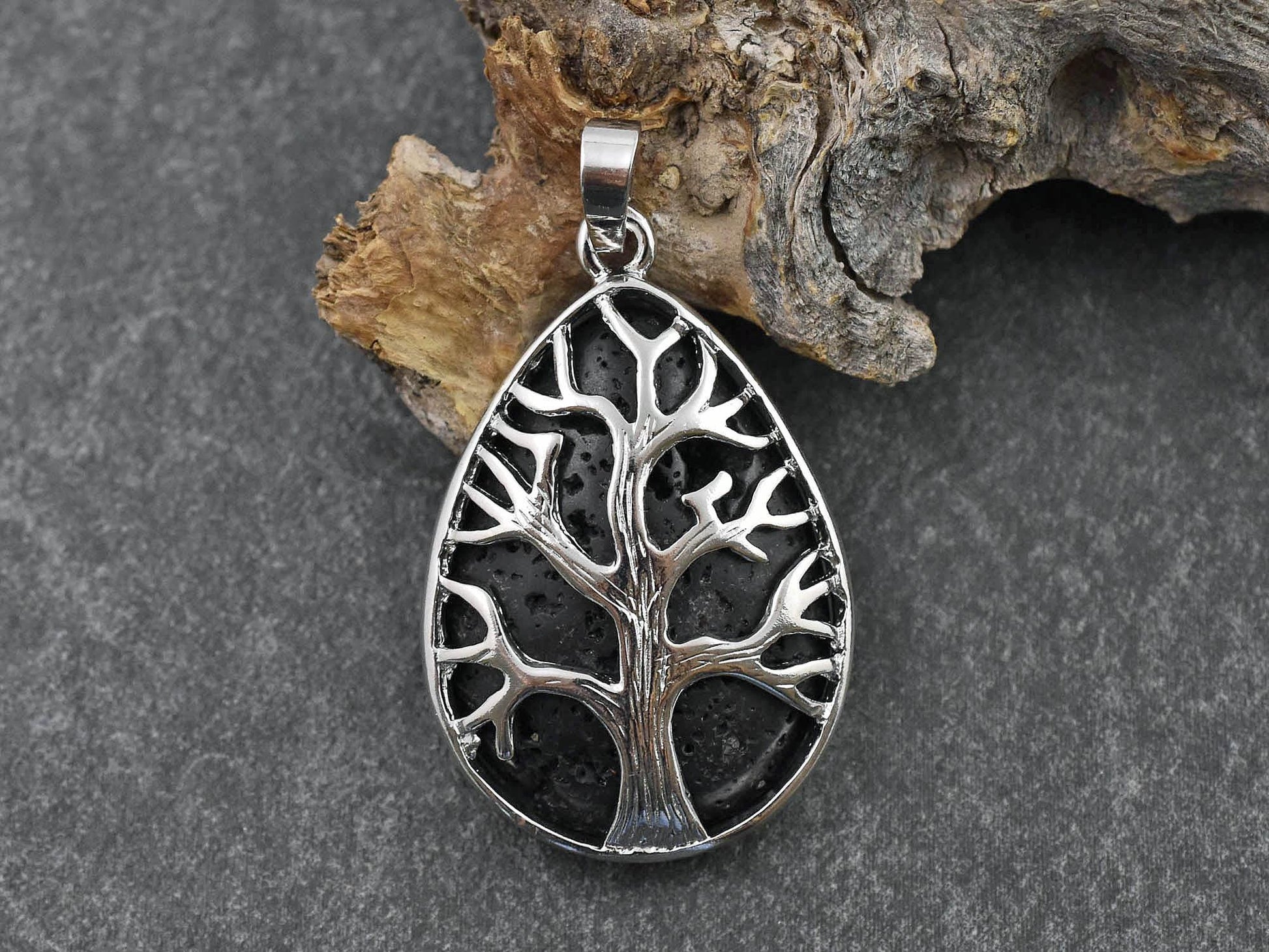39x26x7mm Silver Plated Brass Black Lava Rock Tree of Life Pendant
