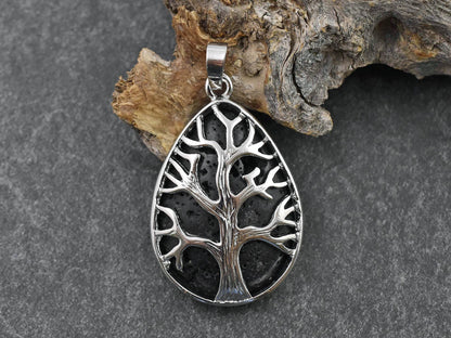 39x26x7mm Silver Plated Brass Black Lava Rock Tree of Life Pendant