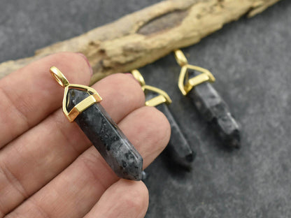 Gemstone Point Pendant - Hexagon Pendant - Larvikite Pendant - 40mm - (6057)