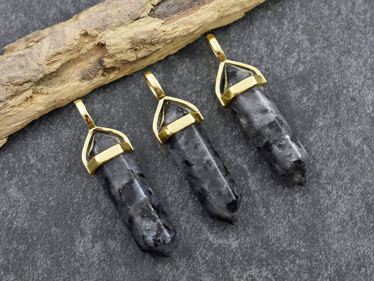 Gemstone Point Pendant - Hexagon Pendant - Larvikite Pendant - 40mm - (6057)