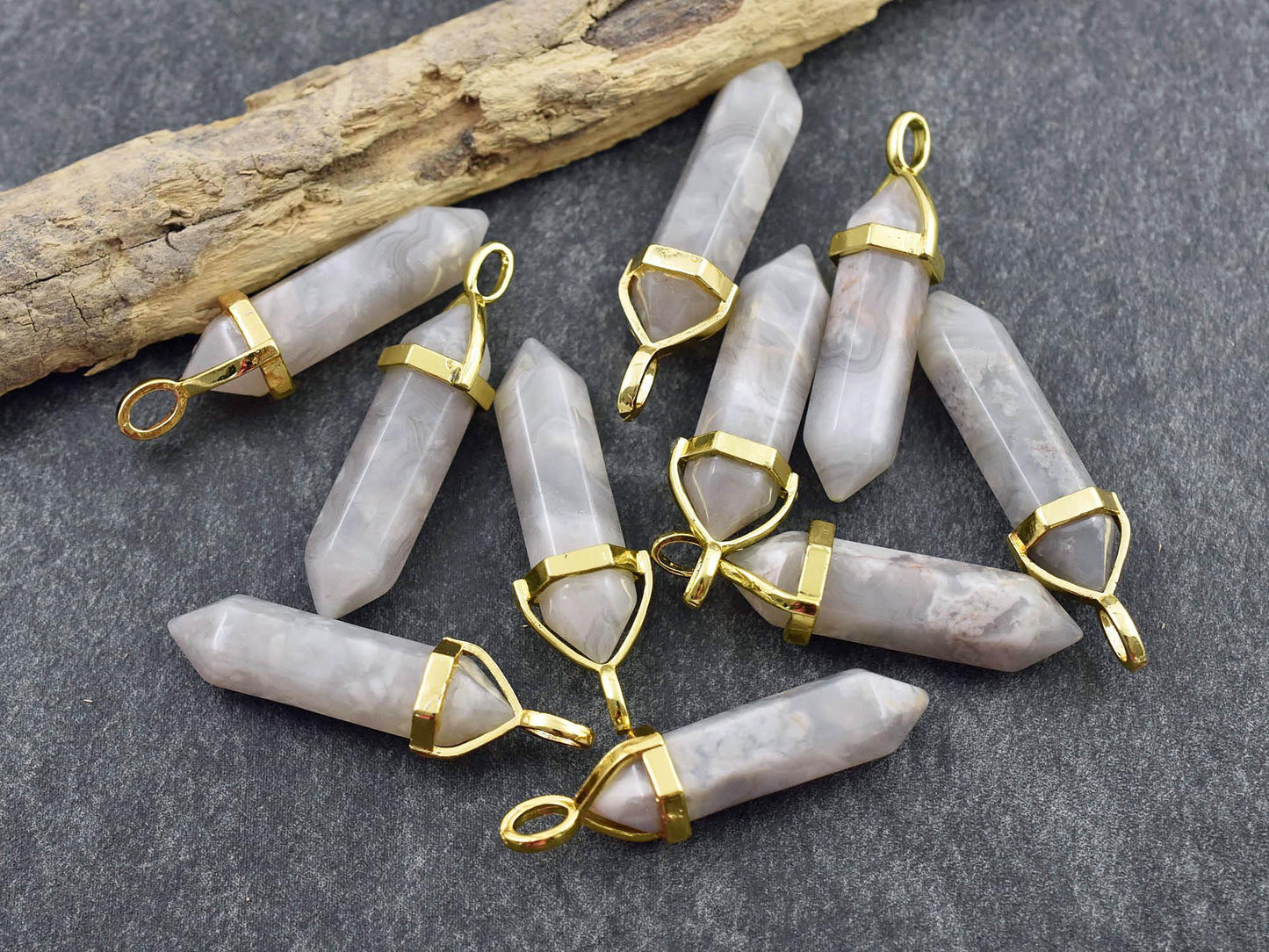 Gemstone Point Pendant - Hexagon Pendant - Agate Pendant - 40mm - (A20)