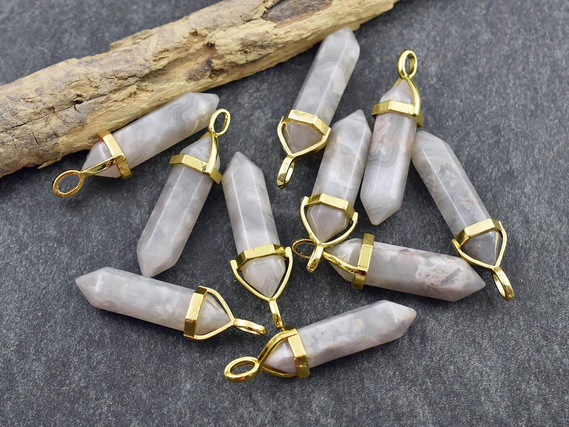 Gemstone Point Pendant - Hexagon Pendant - Agate Pendant - 40mm - (A20)