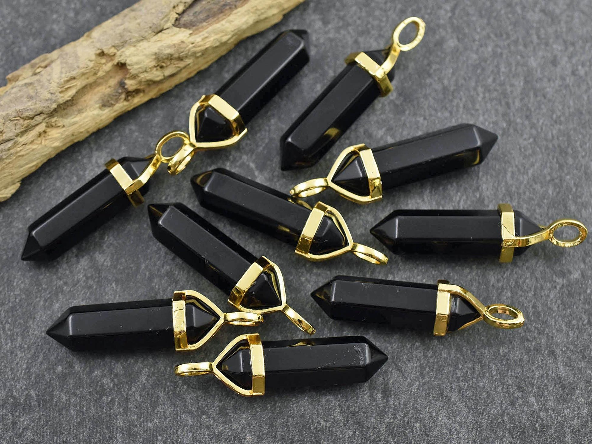 Gemstone Point Pendant - Hexagon Pendant - Obsidian Pendant - 40mm - (6073)