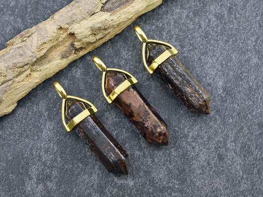 Gemstone Point Pendant - Hexagon Pendant - Bronzite Pendant - 40mm - (6073)