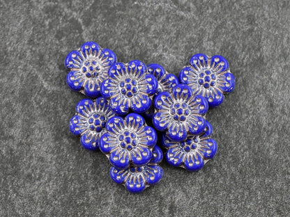 *12* 14mm Platinum Washed Royal Blue Wildflower Beads