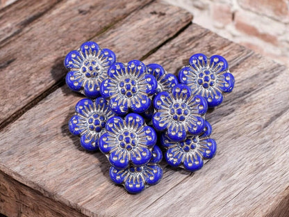 *12* 14mm Platinum Washed Royal Blue Wildflower Beads