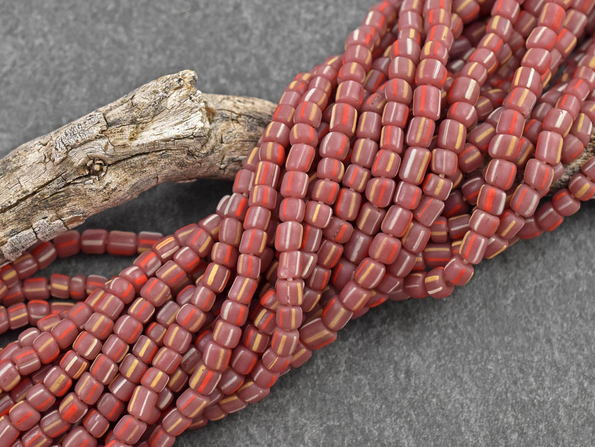 Trade Beads - Indonesian Beads - Java Glass Beads - Striped Seed Beads - Gooseberry Beads - 4-7mm - 24" Strand - (A625)