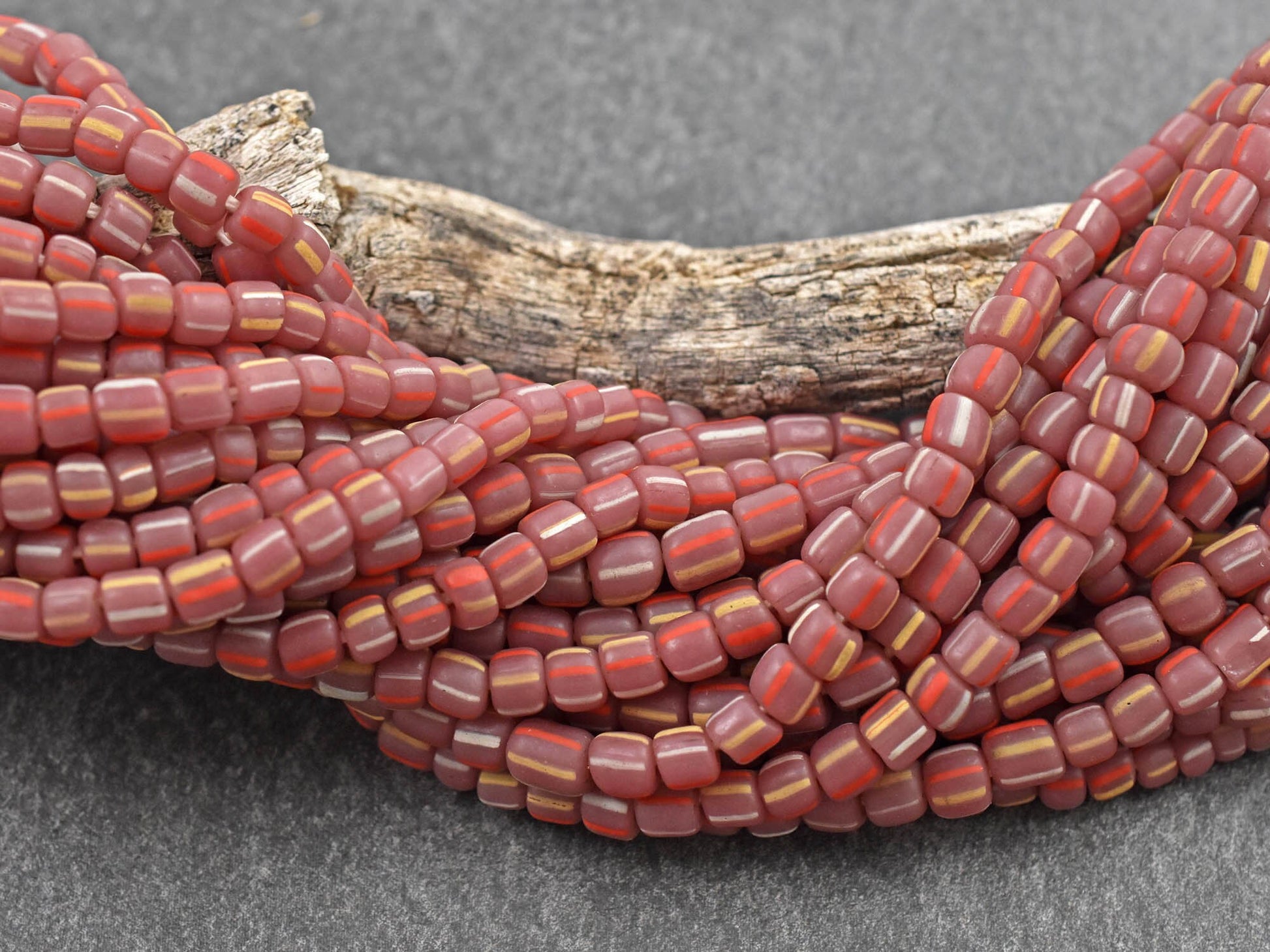 Trade Beads - Indonesian Beads - Java Glass Beads - Striped Seed Beads - Gooseberry Beads - 4-7mm - 24" Strand - (A625)