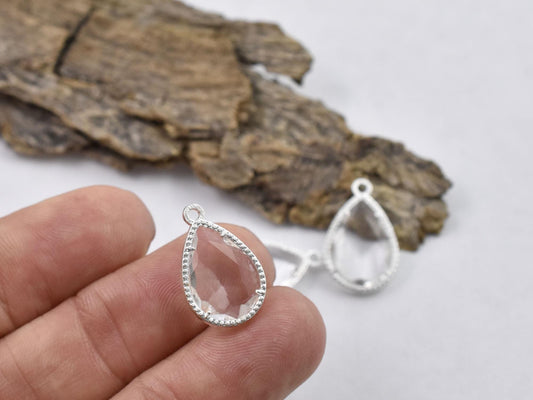 Glass Charms - Bezel Charm - Teardrop Charm - Silver Charms - 18x12mm - 5pcs - (5137)