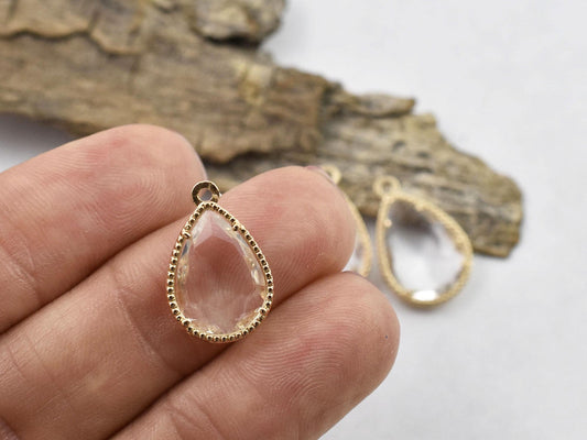 Glass Charms - Bezel Charm - Teardrop Charm - Gold Pendant - 18x12mm - 5pcs - (5436)