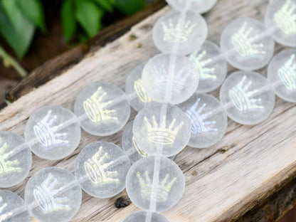 *4* 14mm Laser Etched Frosted Crystal Crown Coin Beads