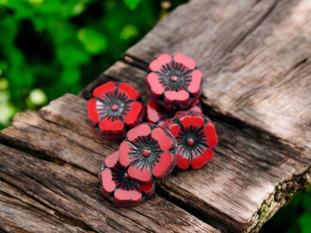 *12* 12mm Black Inlayed Opaque Red Hawaiian Flower Beads