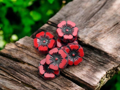 *12* 12mm Black Inlayed Opaque Red Hawaiian Flower Beads
