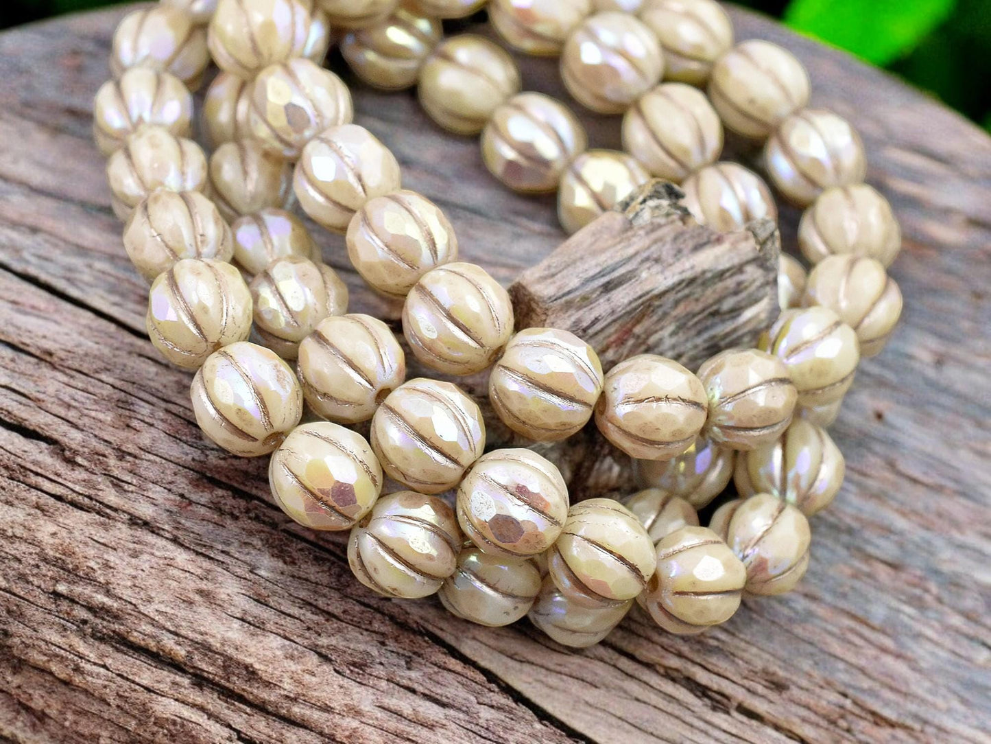 *20* 8mm Metallic Beige Washed Ivory AB Faceted Round Melon Beads