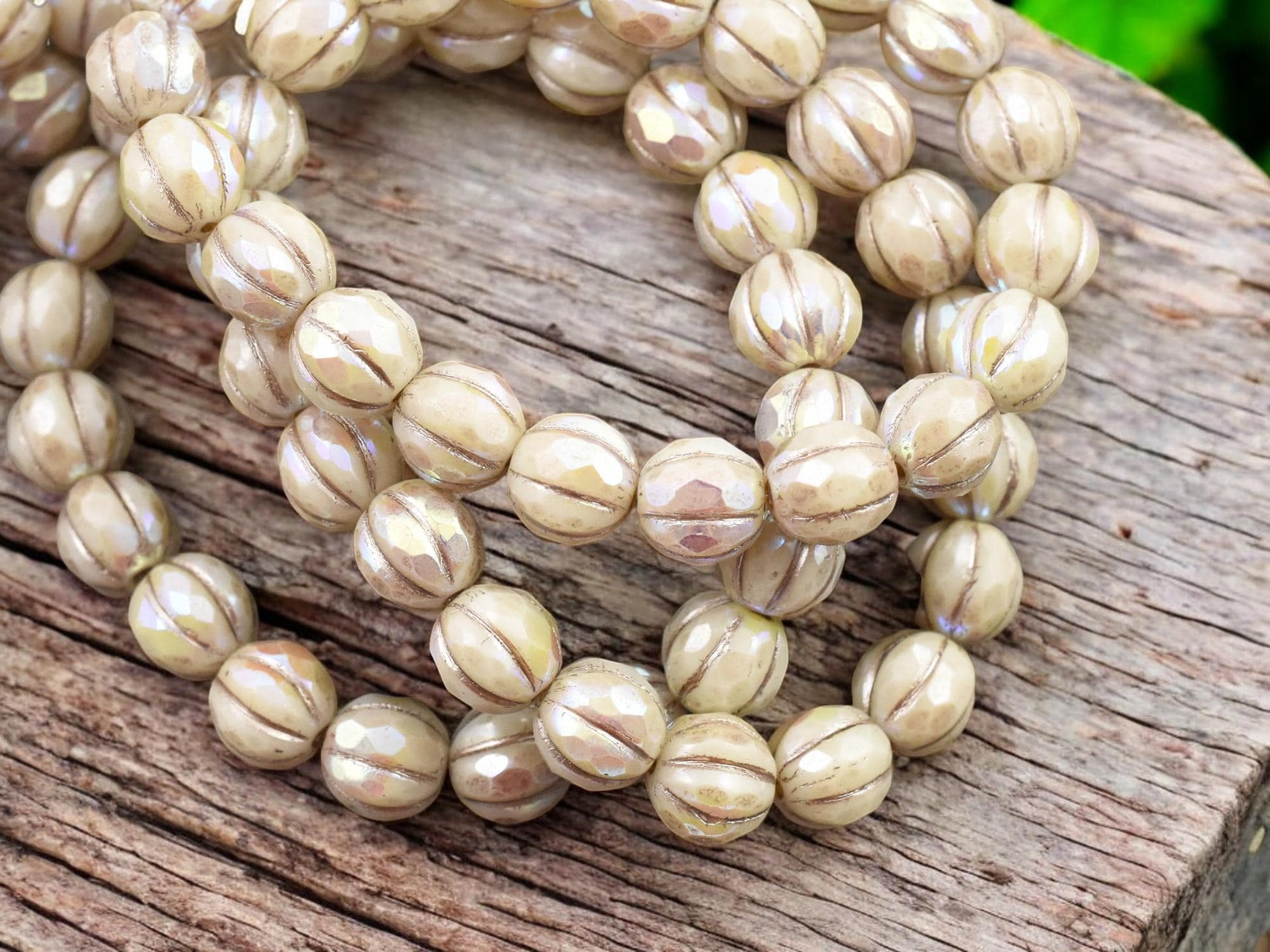 *20* 8mm Metallic Beige Washed Ivory AB Faceted Round Melon Beads