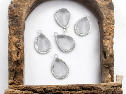 Glass Charms - Bezel Charm - Teardrop Charm - Silver Charms - 18x12mm - 5pcs - (5137)