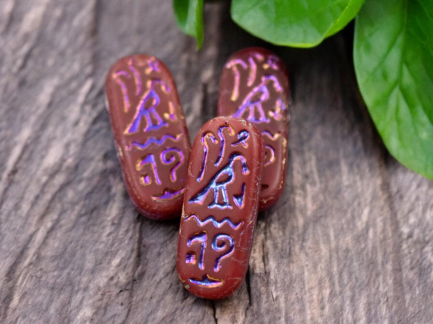 *6* 25x10mm Matte Red Opaline Rainbow Metallic Egyptian Cartouche Oval Beads