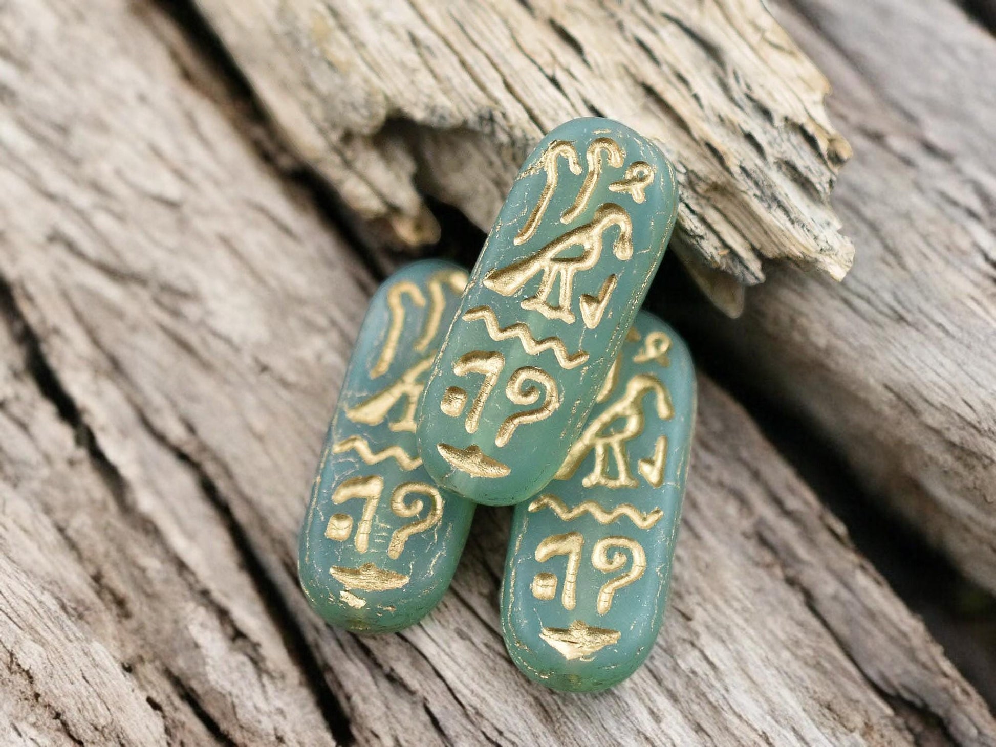 *6* 25x10mm Gold Washed Matte Aqua Opaline Egyptian Cartouche Oval Beads