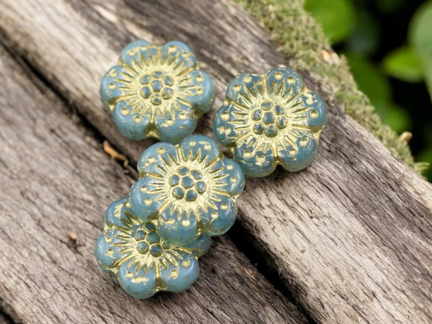 *6* 14mm Gold Washed Aqua Opaline Wildflower Beads