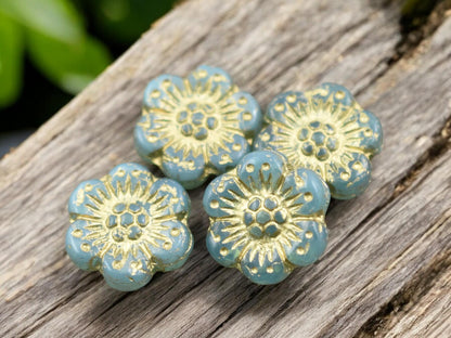 *6* 14mm Gold Washed Aqua Opaline Wildflower Beads