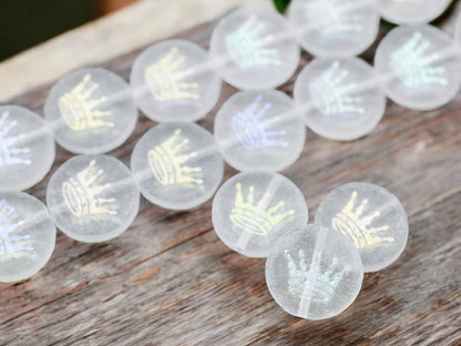 *4* 14mm Laser Etched Frosted Crystal Crown Coin Beads