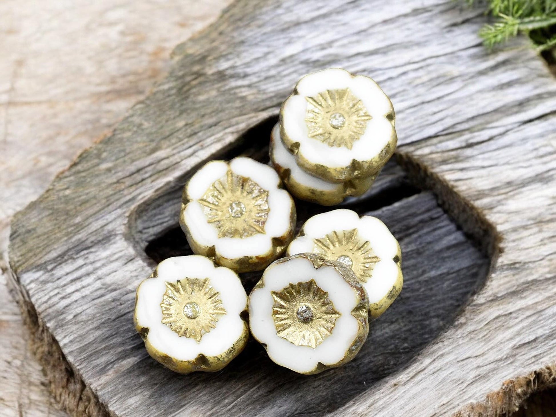 *12* 12mm Gold Washed Ivory Mercury Hawaiian Flower Beads