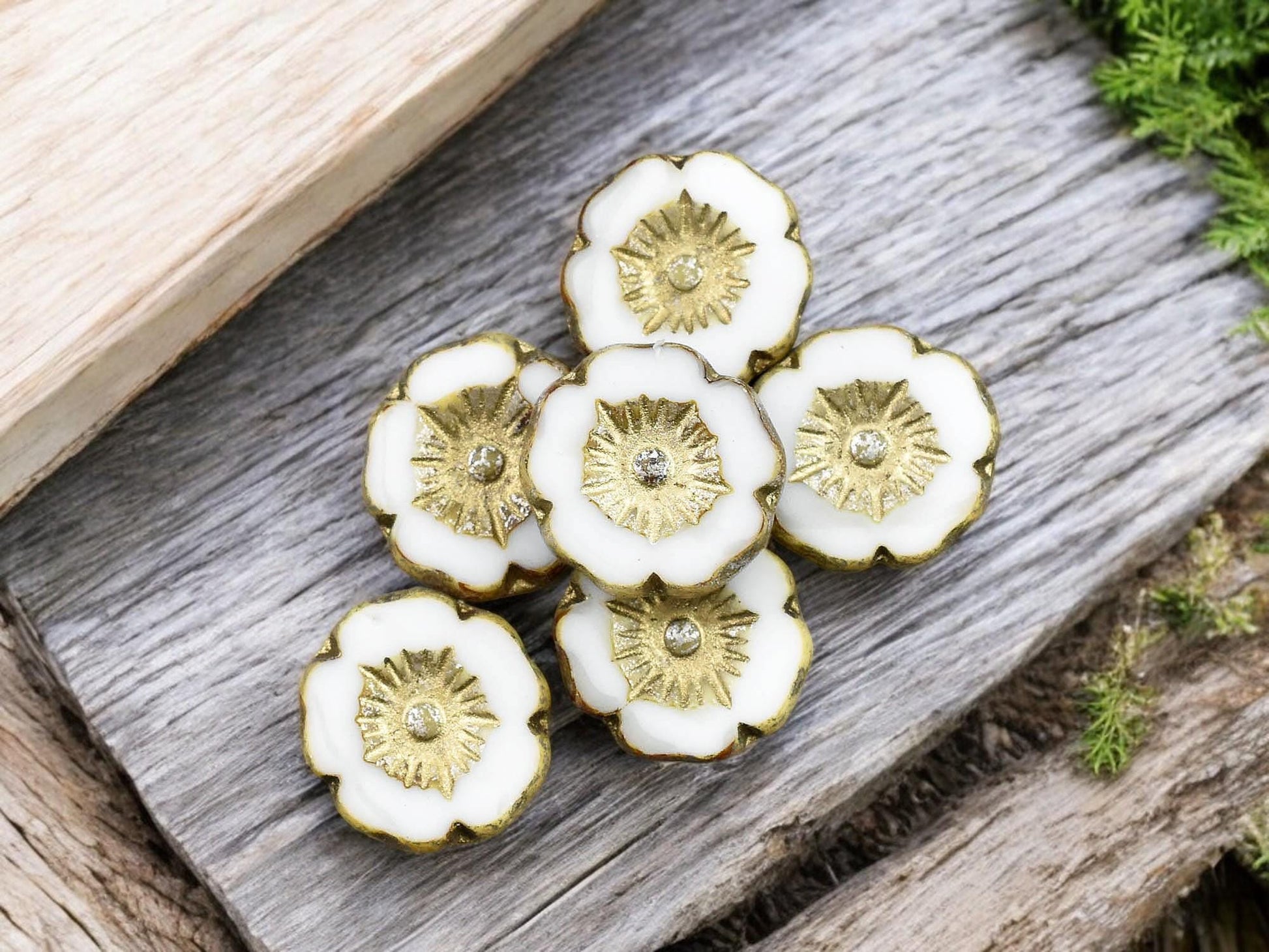 *12* 12mm Gold Washed Ivory Mercury Hawaiian Flower Beads