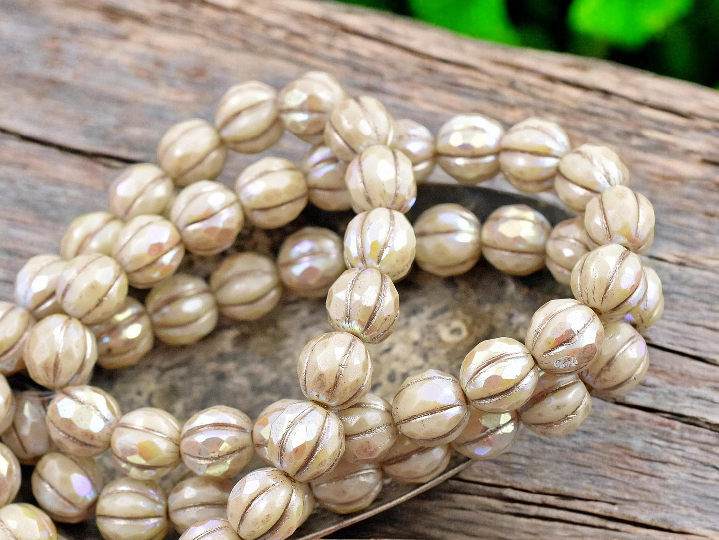 *20* 8mm Metallic Beige Washed Ivory AB Faceted Round Melon Beads