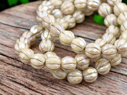*20* 8mm Metallic Beige Washed Ivory AB Faceted Round Melon Beads