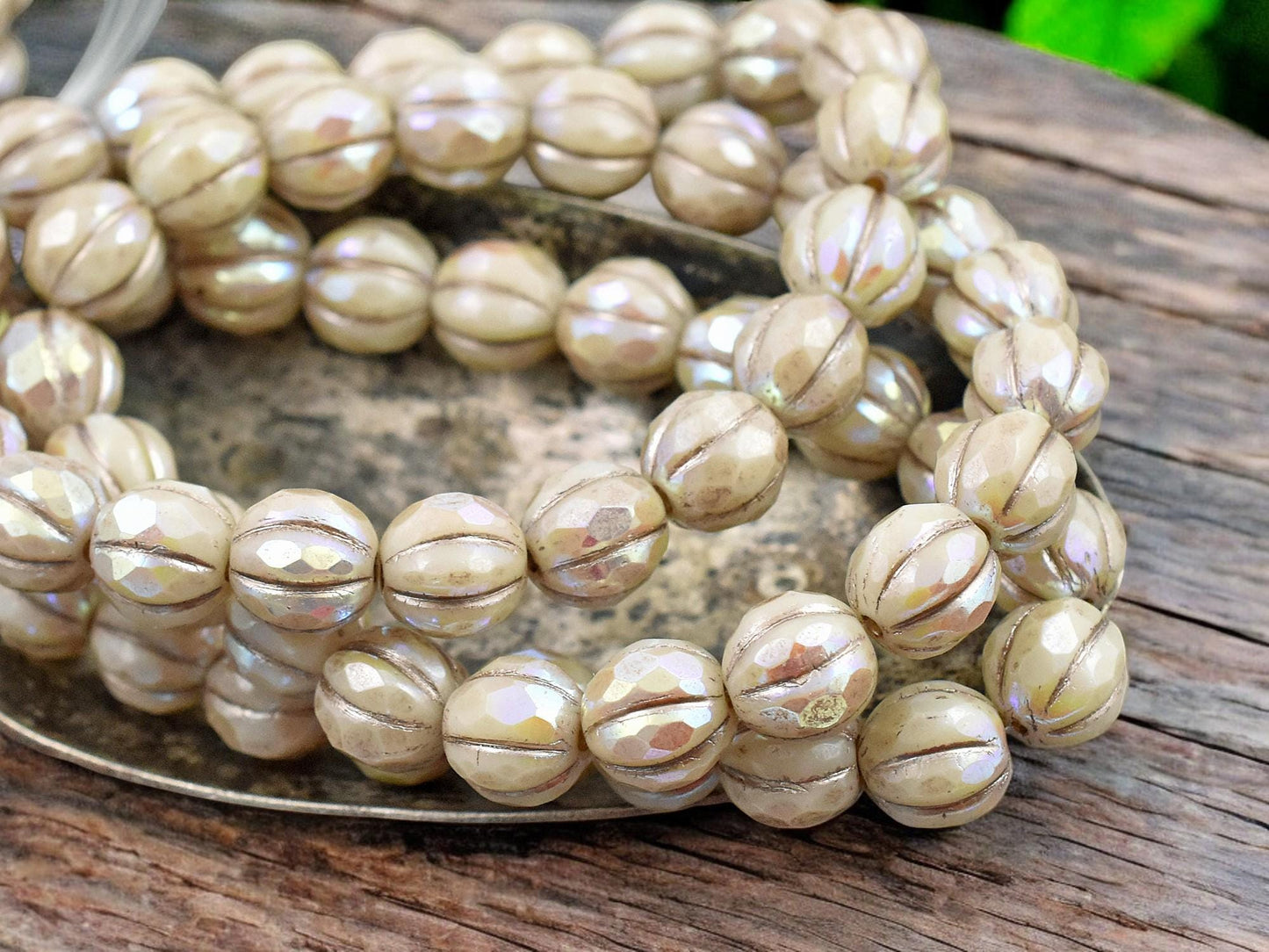 *20* 8mm Metallic Beige Washed Ivory AB Faceted Round Melon Beads