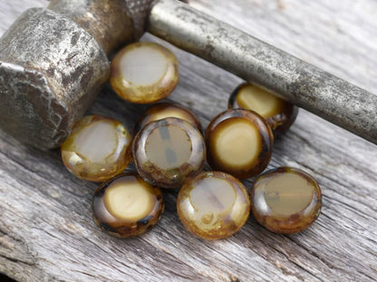 *15* 11mm Mixed Ivory Beige Opal Picasso Lentil Beads