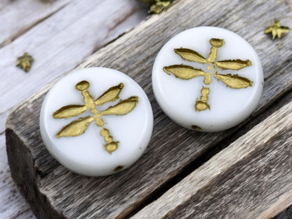 *4* 18mm Gold Washed Opaque White Dragonfly Coin Beads