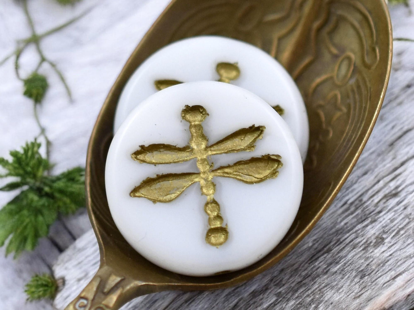*4* 18mm Gold Washed Opaque White Dragonfly Coin Beads