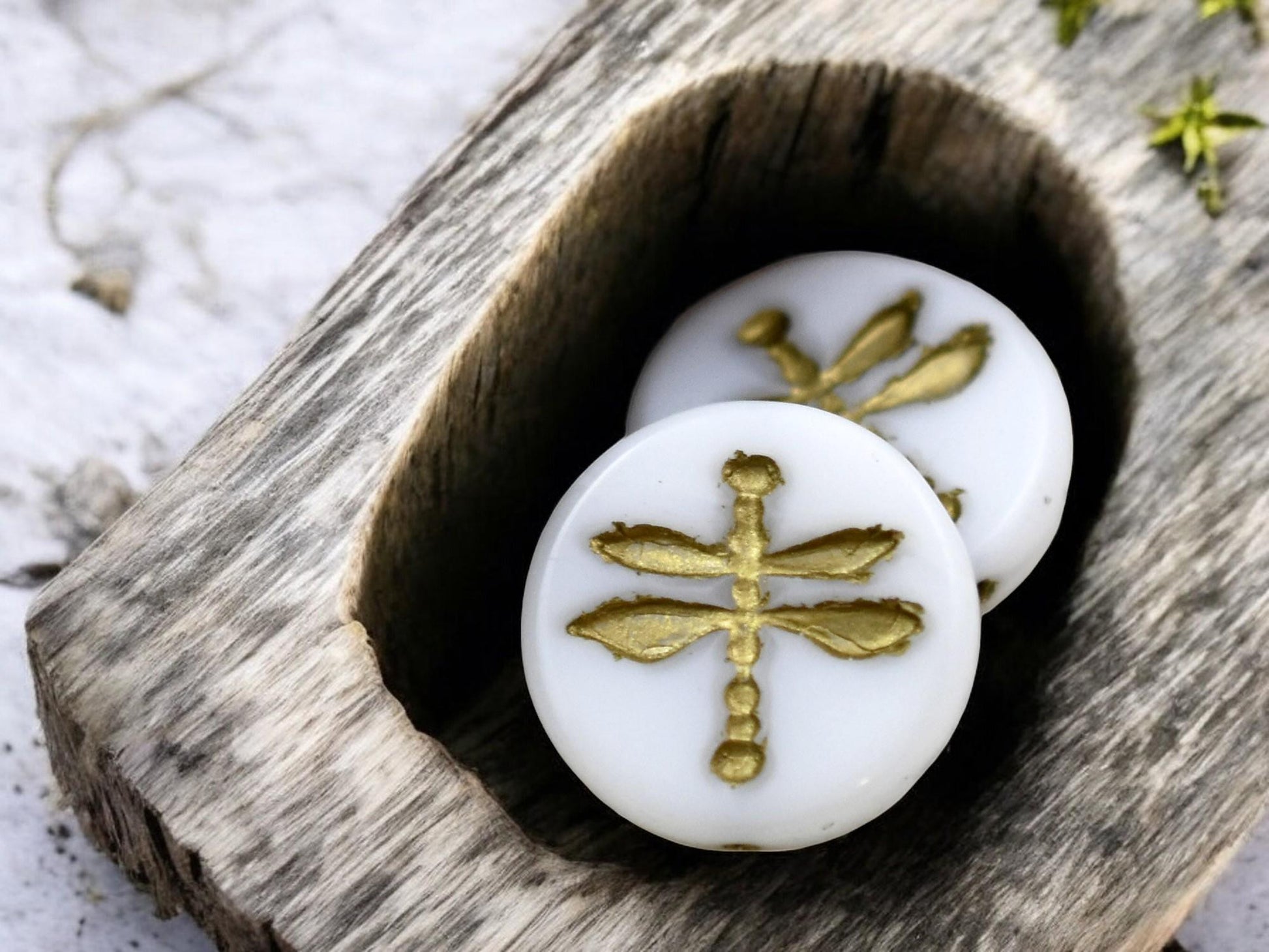 *4* 18mm Gold Washed Opaque White Dragonfly Coin Beads