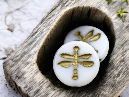 *4* 18mm Gold Washed Opaque White Dragonfly Coin Beads